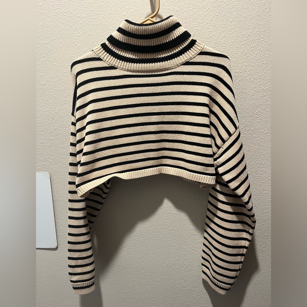 Olivaceous Cropped Tan and Black Striped Cowl Neck Sweater
